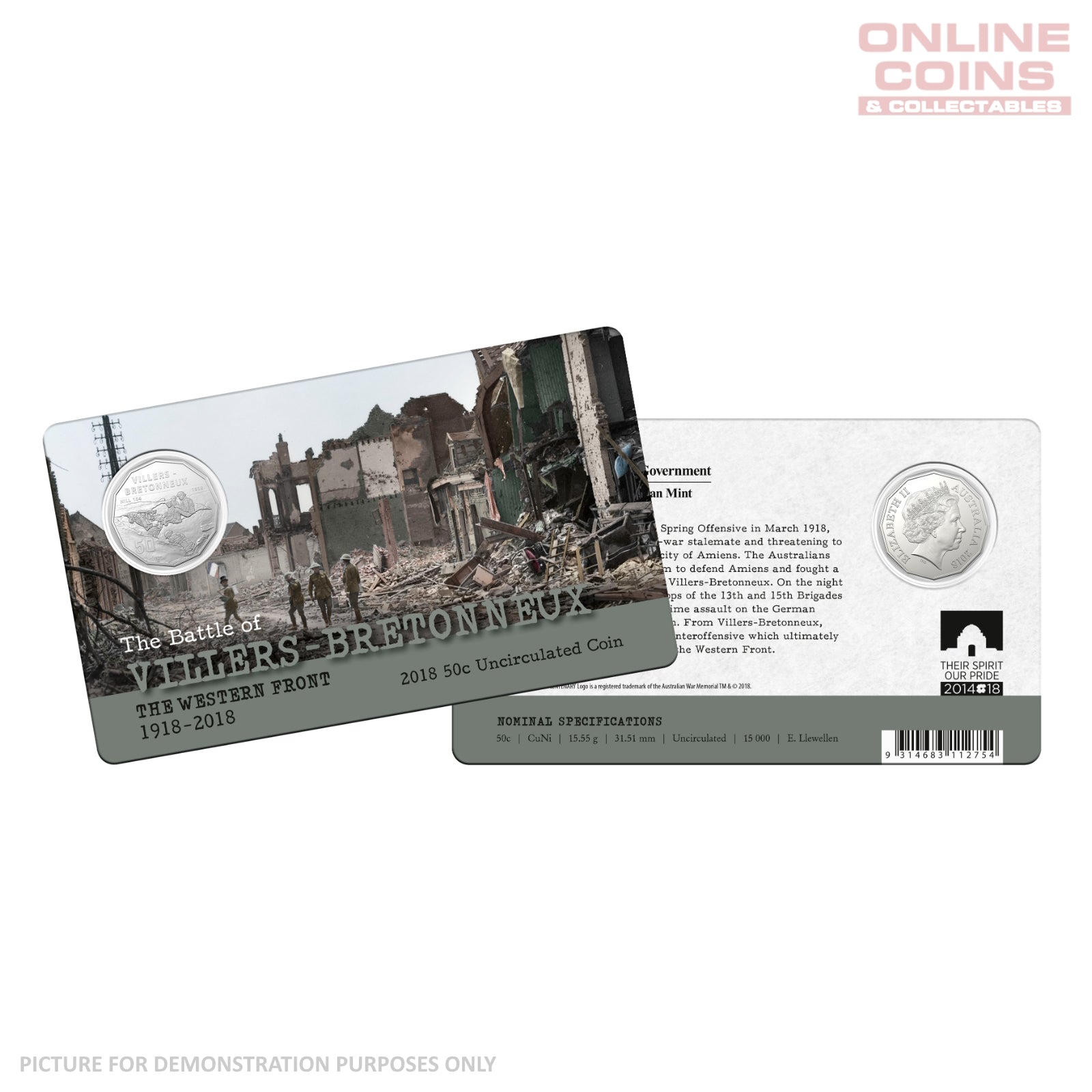 2018 50c CuNi Uncirculated Carded Coin - The Western Front - Villers-Bretonneux